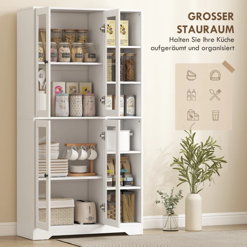 HOMCOM Keukenkast met glazen deuren, planken, open vakken, 172 cm hoog, MDF, Wit(m-4)