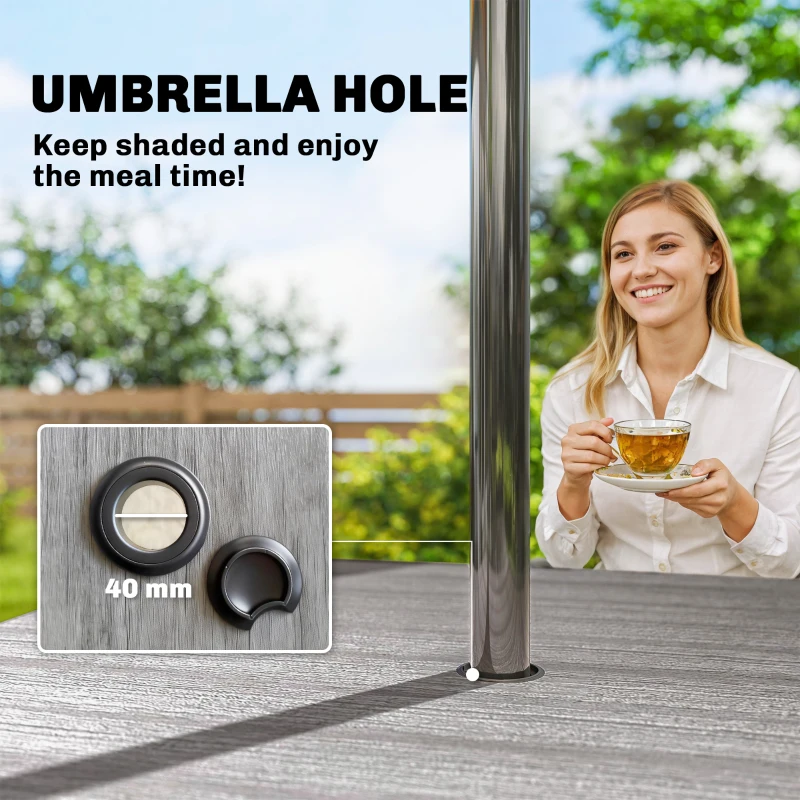 Outsunny Garden Dining Table for 4, 85 cm Square Outdoor Table with Umbrella Hole, Faux Wood Top, Metal Legs, Light Grey