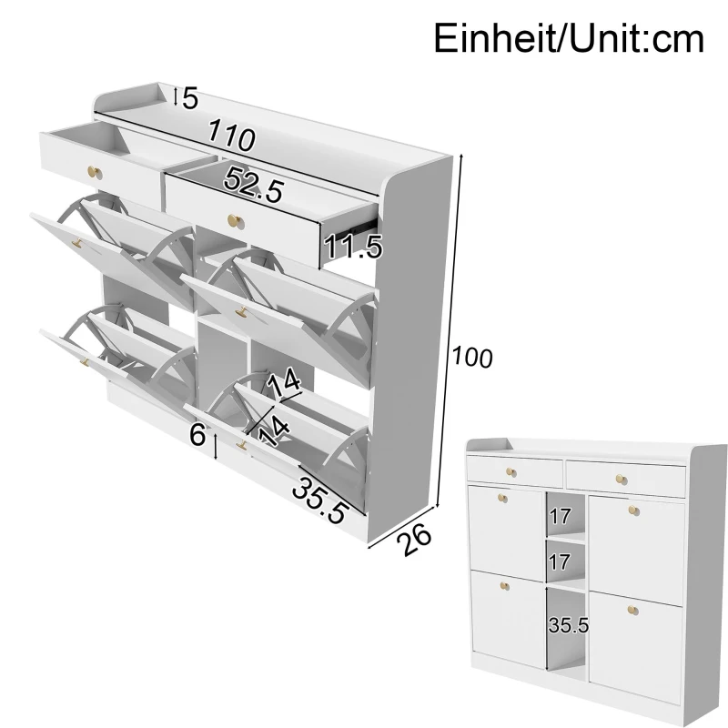 Mobile scarpiera con 4 ante a ribalta, 2 cassetti e 3 ripiani aperti, 110x26x100 cm, Bianco