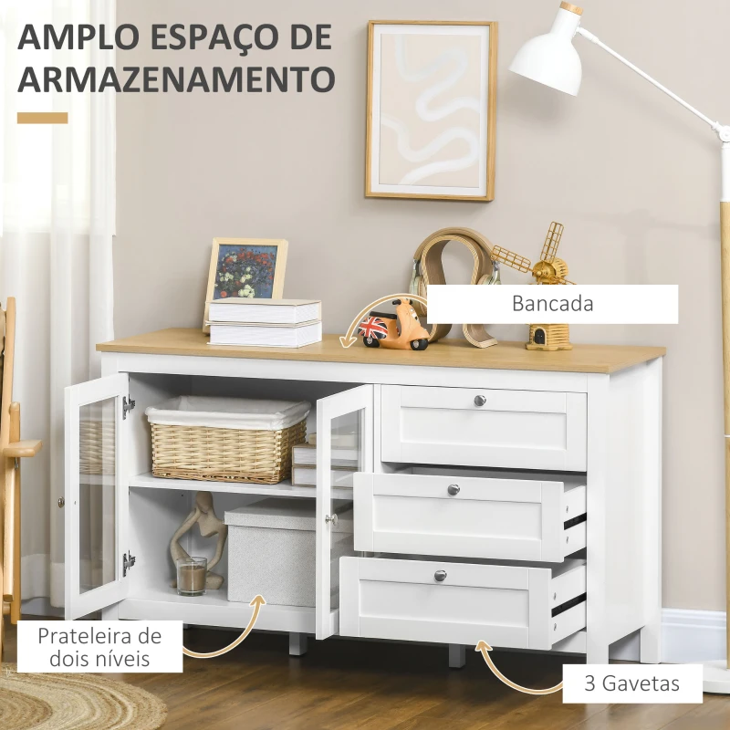 HOMCOM Aparador para Sala de Estar com 2 Portas de Vidro 3 Gavetas e Prateleira Ajustável para Cozinha Sala de Jantar 120x40x70 cm Branco e Madeira