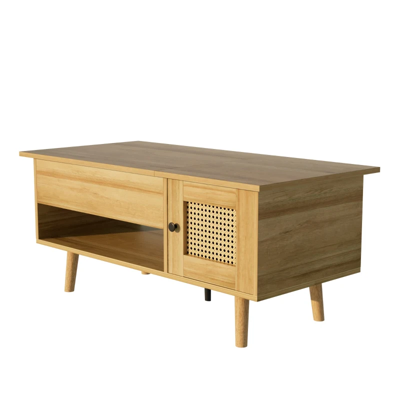 Table basse avec plateau relevable et portes en rotin, rangement pratique, 103x50x46 cm, Couleur naturelle