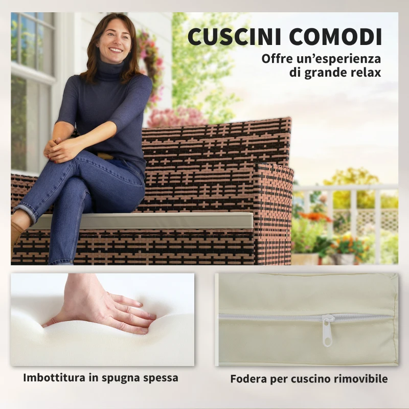 Outsunny Divano da Giardino 2 Posti con Cuscini e Tappetini Antiscivolo, in Rattan e Acciaio, 115x63x85 cm, Beige