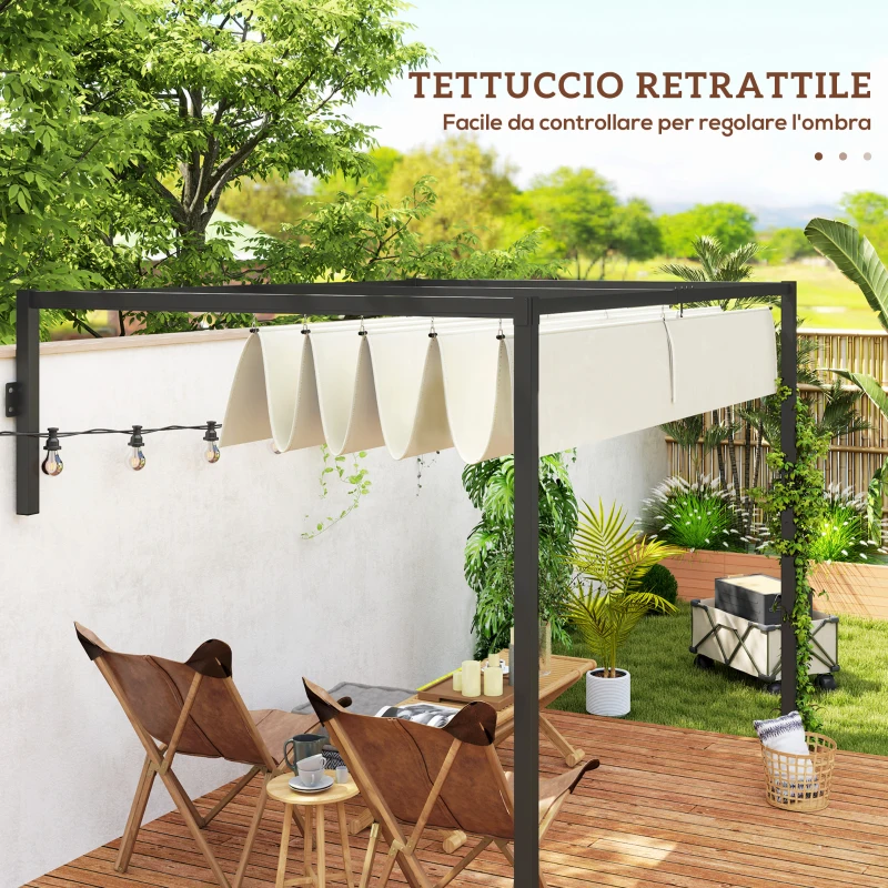 Outsunny Pergola Gazebo 3x2 m con Tettuccio Retrattile e Fori di Drenaggio in Acciaio e Poliestere, Crema