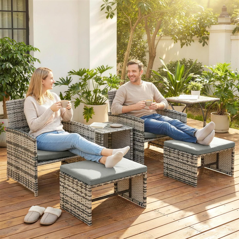 Outsunny 6 Piece Rattan Garden Furniture, Space-Saving Patio Furniture Set with Nesting Tables, Chairs, Stools, Cushions, Grey