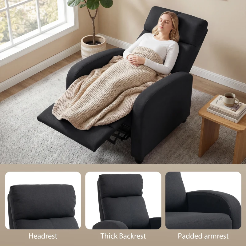 HOMCOM Relaxsessel, verstellbar 135°, ausziehbare Fußstütze, gepolsterte Lehnen, Leinen-Polyester, Schwarz