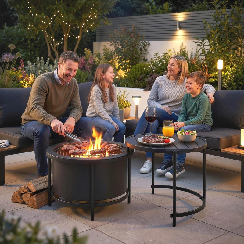 Outsunny Brasero 66 x 63 x 41 cm Redondo con parrilla, atizador, tapa y soporte Negro