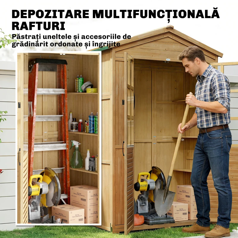 Outsunny Dulap de Grădină din Lemn de Brad cu Rafturi și Ferestre din Acril, Căsuță Depozitare Unelte Exterioare cu Acoperiș Asfaltat, Uși Blocabile, 128x57.5x197 cm, Maro Deschis