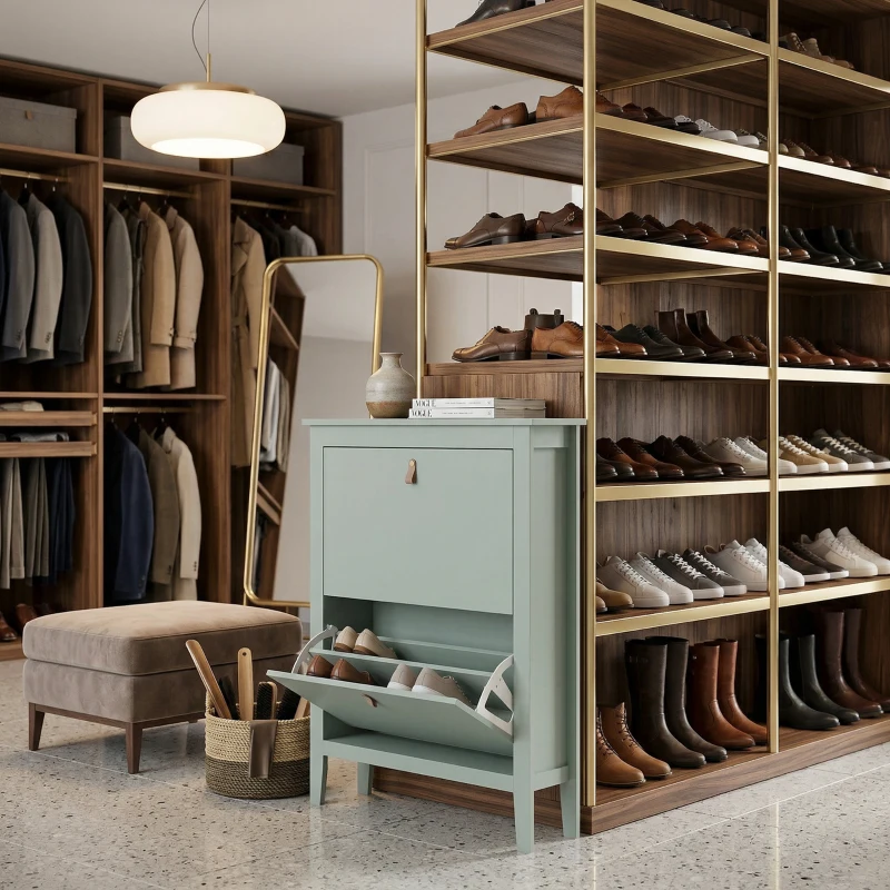 HOMCOM Scarpiera Slim con 2 Cassetti e Ripiani Regolabili per 14 Paia di Scarpe EU44, 80x24x95,5 cm, Verde