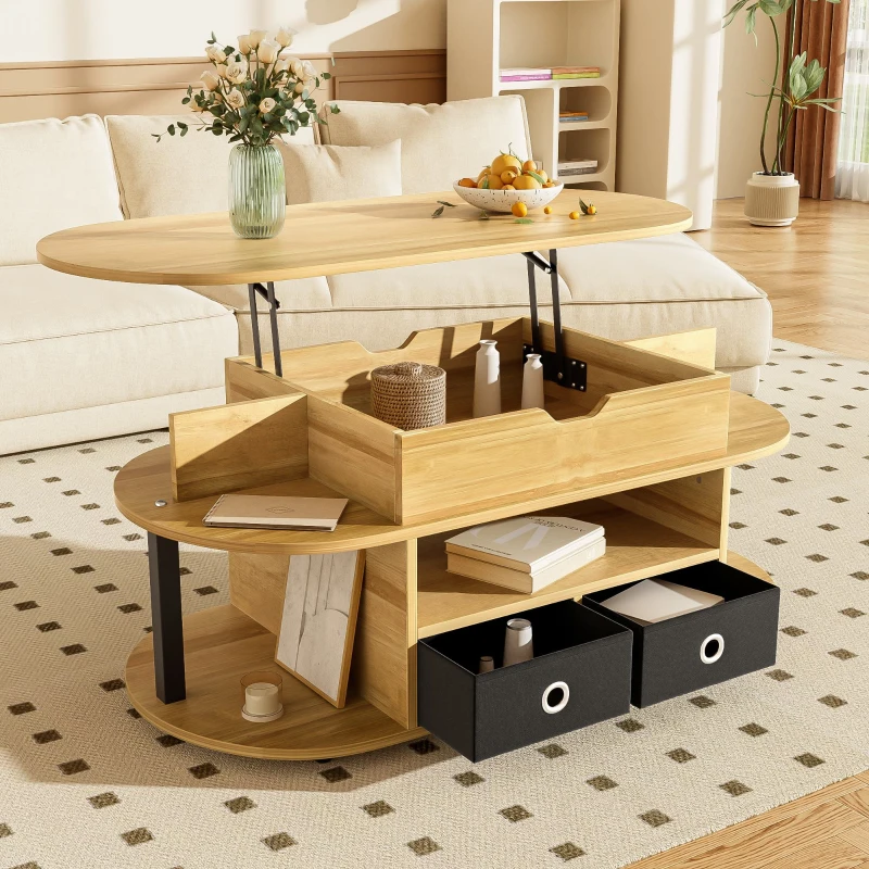 Table basse relevable, espace de rangement et tiroirs en tissu noir, 105x50x45 cm, Couleur naturelle