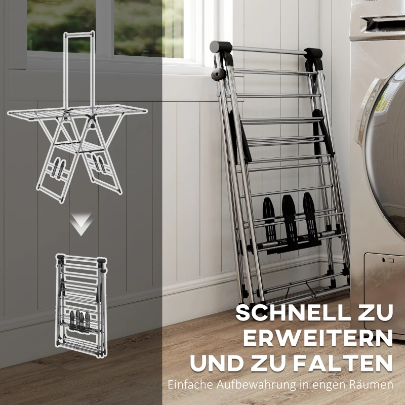 HOMCOM Wäscheständer faltbar Standtrockner mit verstellbare Flügel, Schuhhaltern, Edelstahl, 156,5 x 68 x 192 cm, Silber