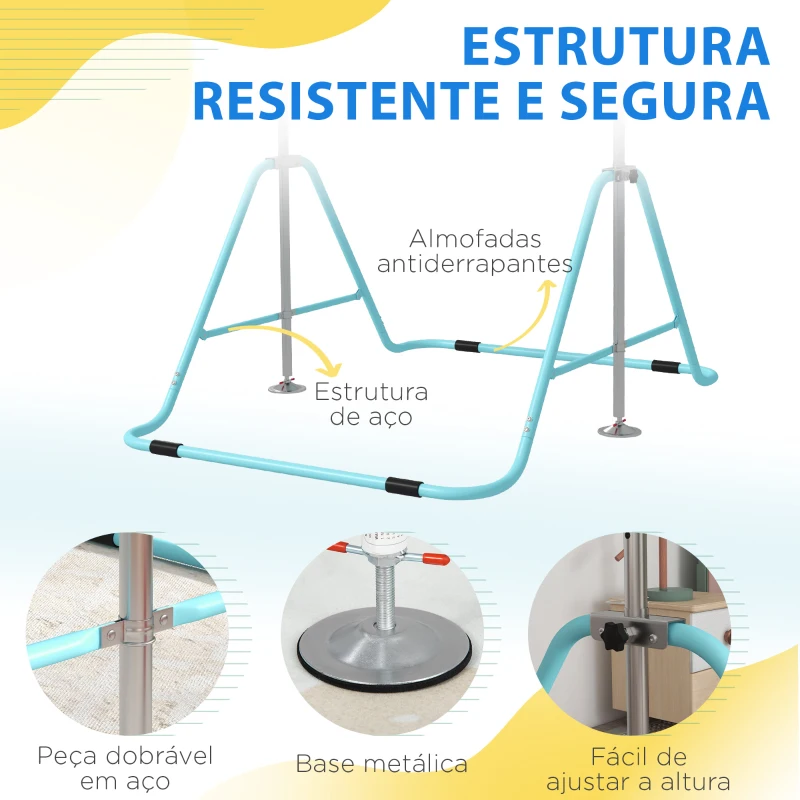 HOMCOM Barra de Ginástica para Crianças Dobrável com Altura Ajustável para Treino em Casa 154x106,2x88,5-128,5 cm Azul Celeste