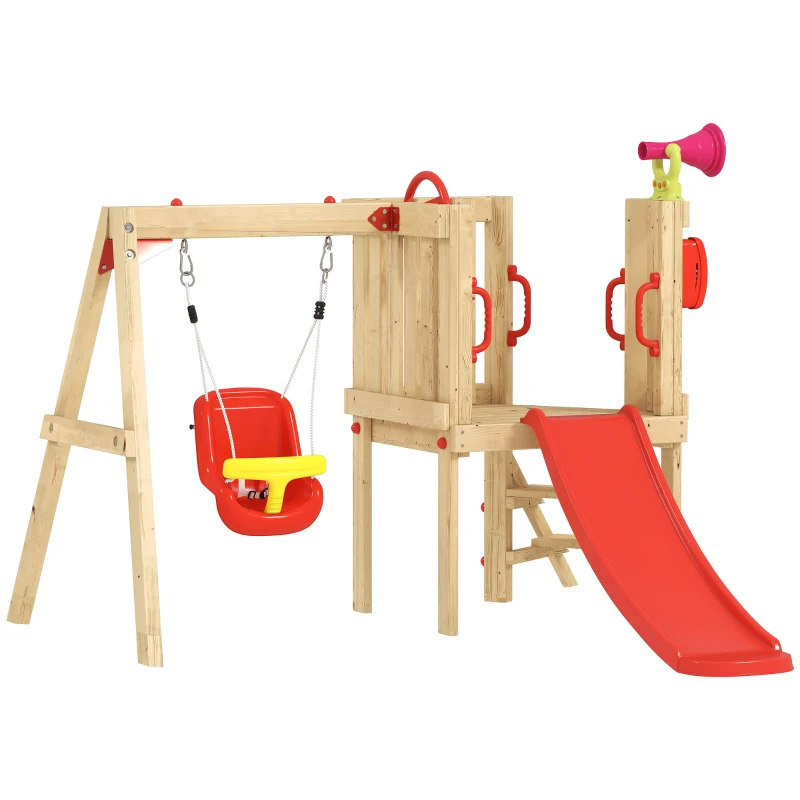 Outsunny Parque Infantil Exterior de Madeira com Baloiço Escorrega Volante Buzina Telefone para Jardim Relvado Vermelho e Madeira