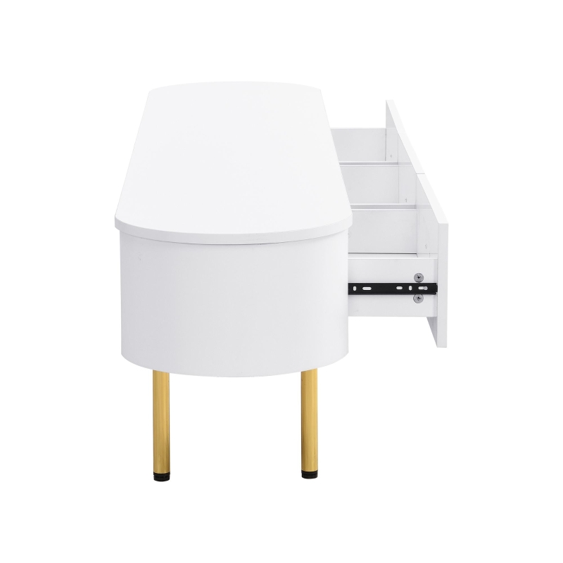 Set mobile TV e tavolino da caffè per soggiorno con cassetti e angoli arrotondati, Bianco e Oro