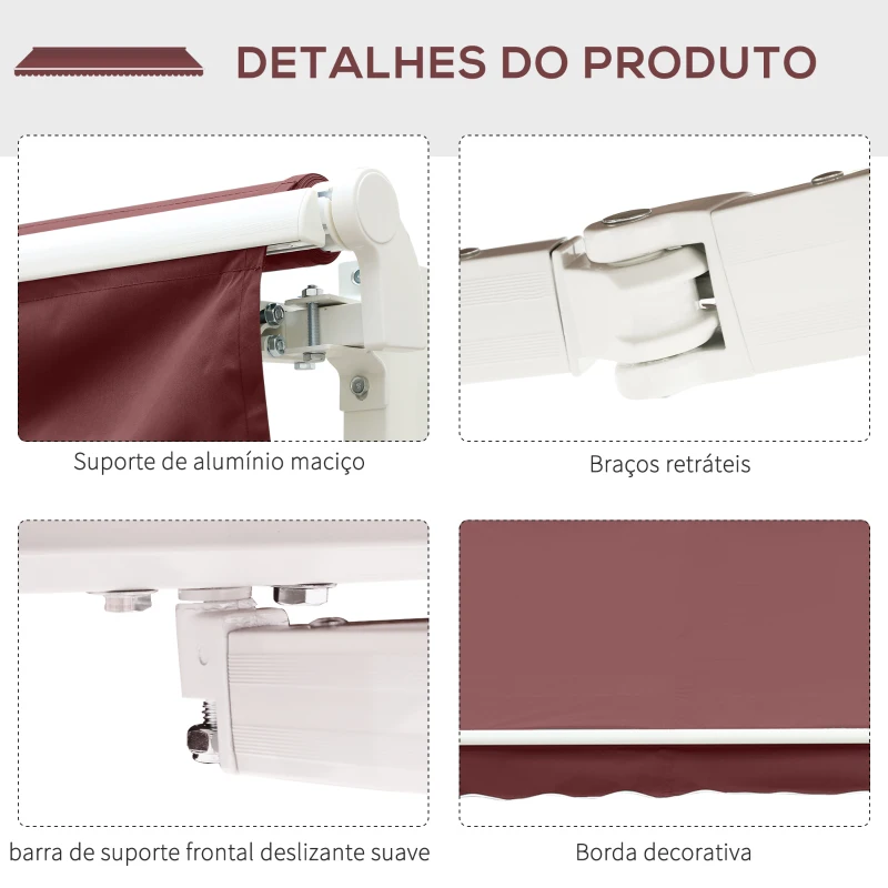 Outsunny Toldo Manual Retrátil 3,5x2,5 m com Ângulo Ajustável Manivela, Estrutura de Alumínio e Proteção UPF30+ Vinho Tinto