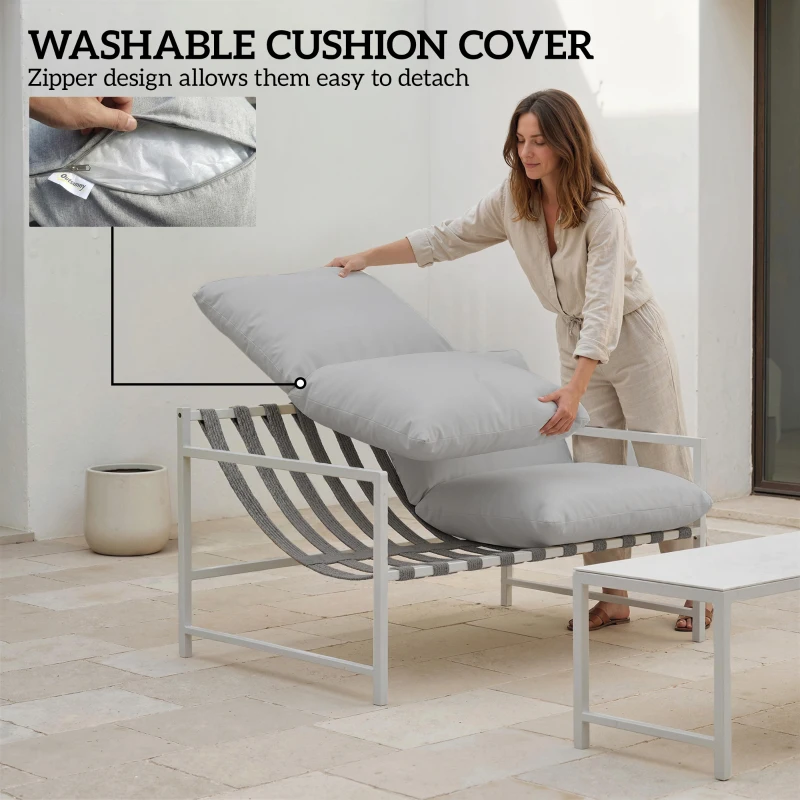 Outsunny 2-teiliges Garten-Set, Sofa mit Kissen, Couchtisch mit 3D-marmorierter gehärteter Glasplatte, 125x80x64cm, Hellgrau