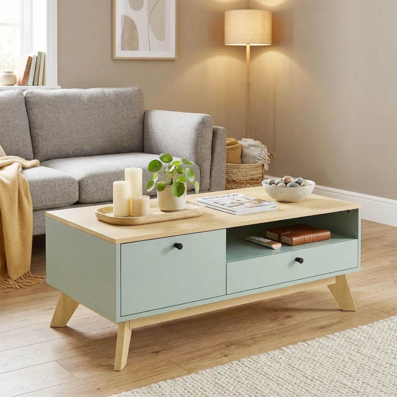 HOMCOM Couchtisch für Wohnzimmer, rechteckiger Beistelltisch mit Schublade, Tür und offenem Fach, Hellgrün und Eiche