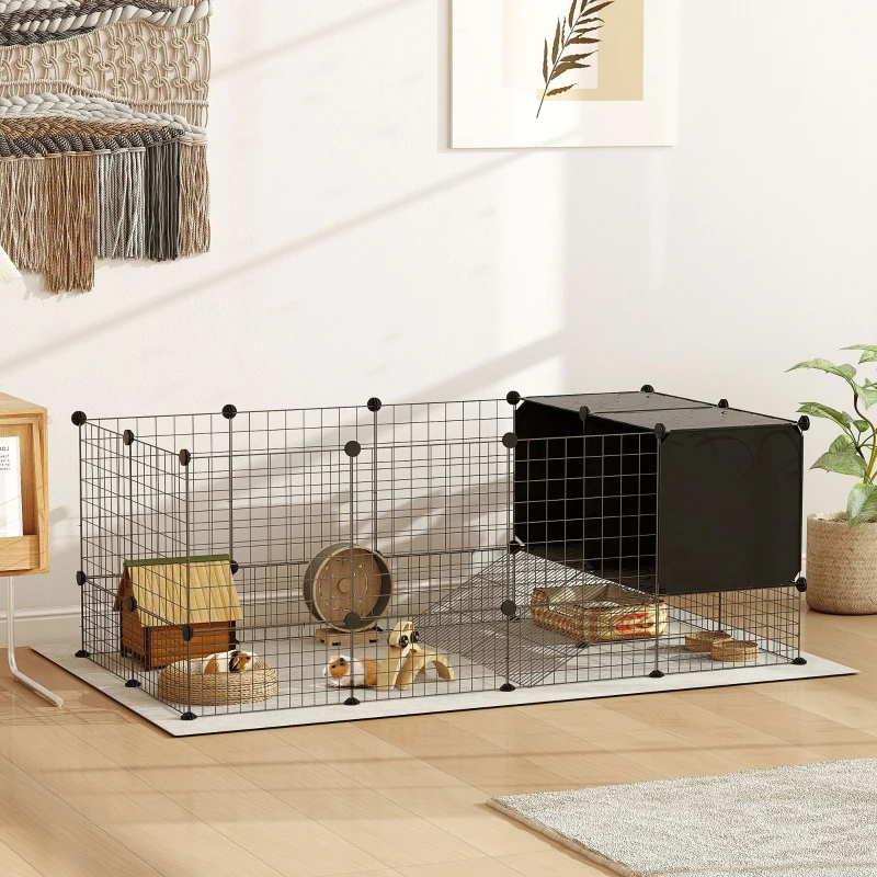 PawHut Recinto para pequeños animales, jaula modular para conejos 31 paneles con casetas elevadas, en acero, 140x70x52cm, negro