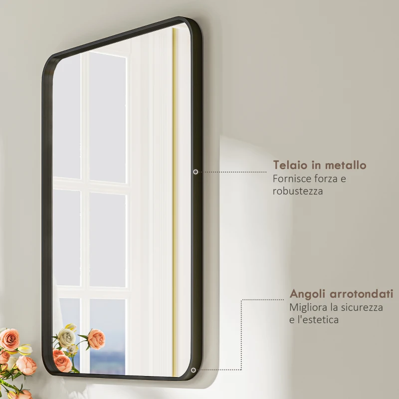 HOMCOM Specchio Bagno con Cornice in Metallo e Gancio, 60x2.5x80 cm, Nero