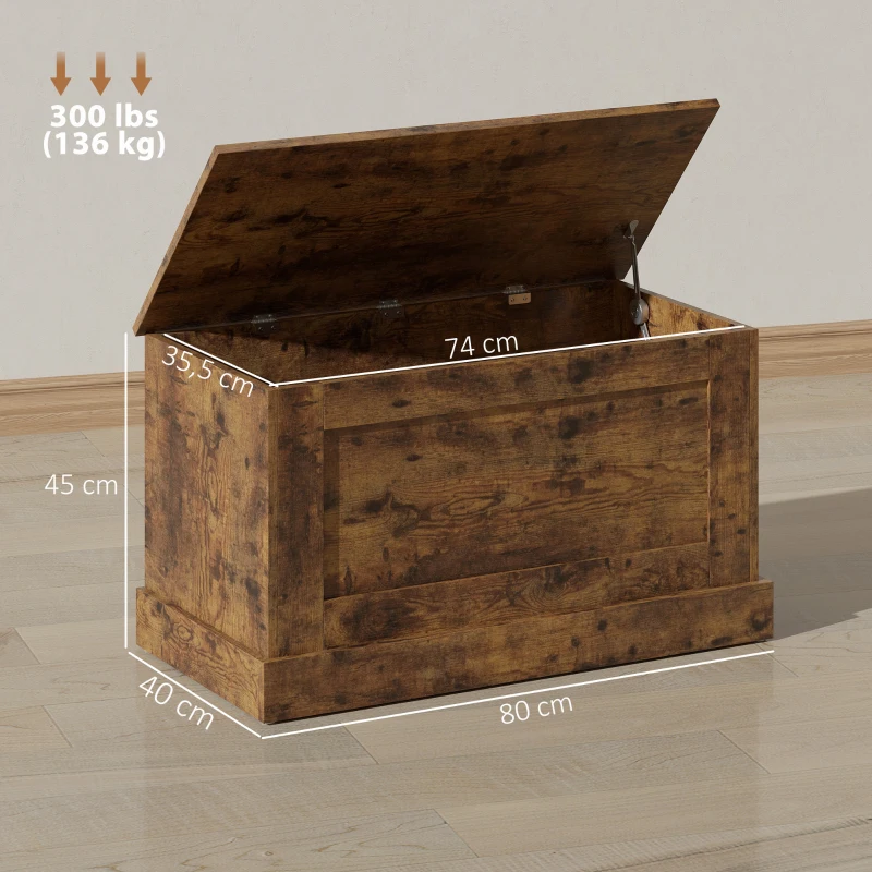 HOMCOM Baúl de almacenamiento, arcón de juguetes, con bisagra de seguridad, para salón, de madera, 80 x 40 x 45 cm, marrón rústico