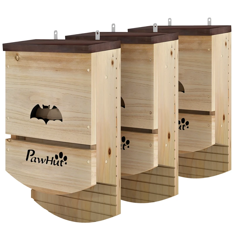 PawHut Lote de 3 Nichos para Murciélagos de Madera refugio para murciélagos con Plataforma Ranurada 23 x 9,5 x 36,5 cm madera natural