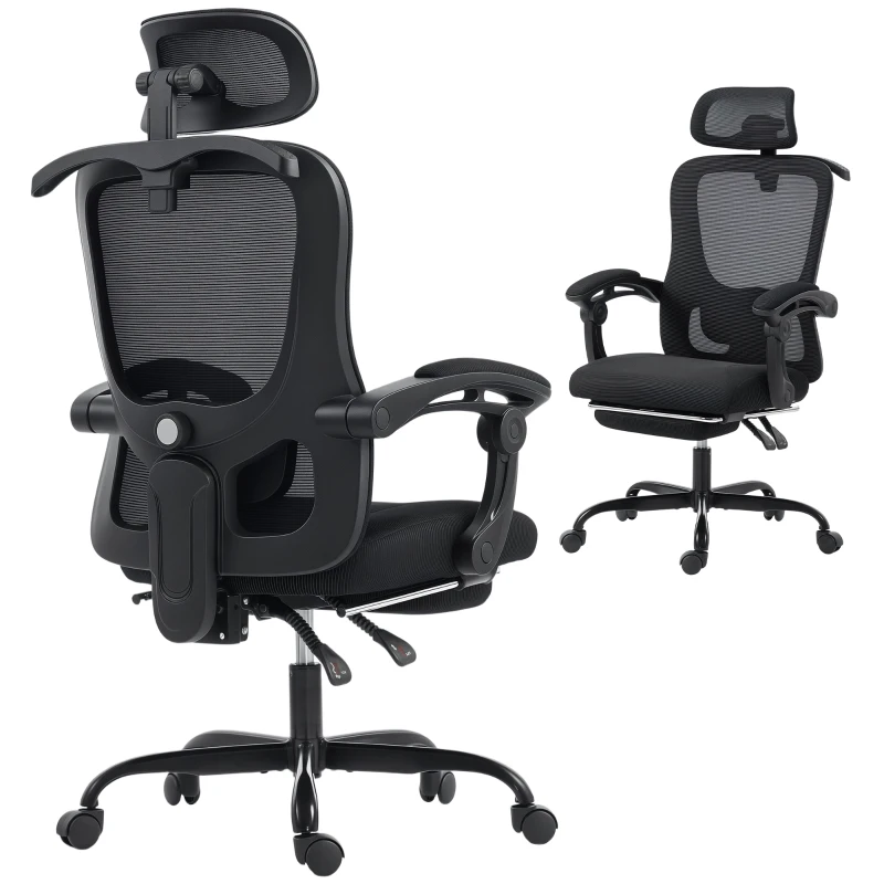 HOMCOM Silla de oficina ergonómica, sillón de malla con reposacabezas ajustable, soporte lumbar, 64x64x124cm, negro