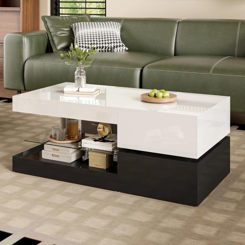 Table basse avec éclairage d'ambiance LED, étagère en verre & surface laquée brillante, 90x45x35,5 cm, Blanc+Noir