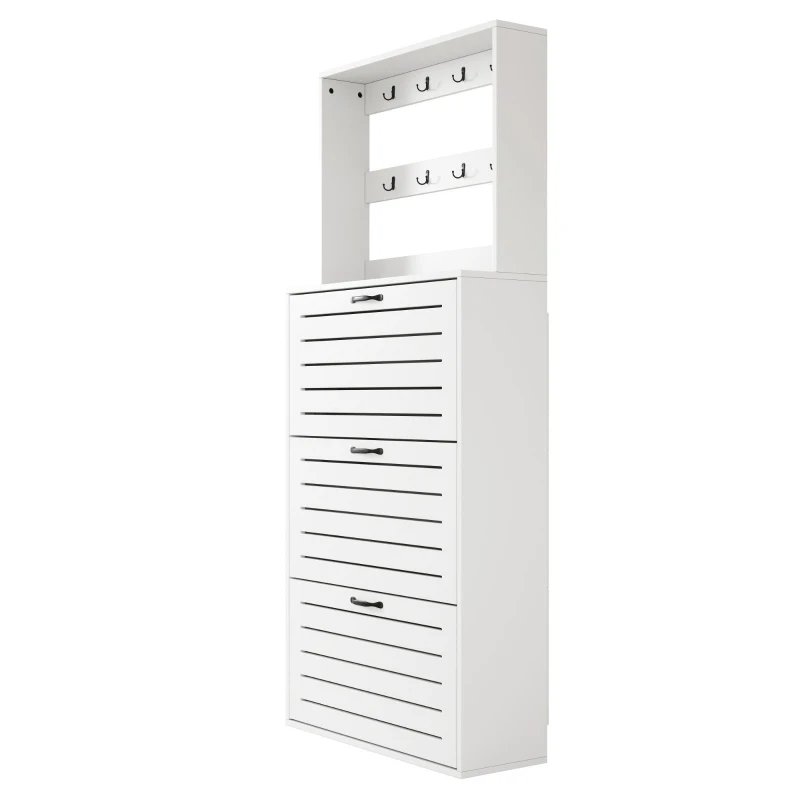 Mobile scarpiera da ingresso con ganci e 3 ante, 70x25x165 cm, Bianco