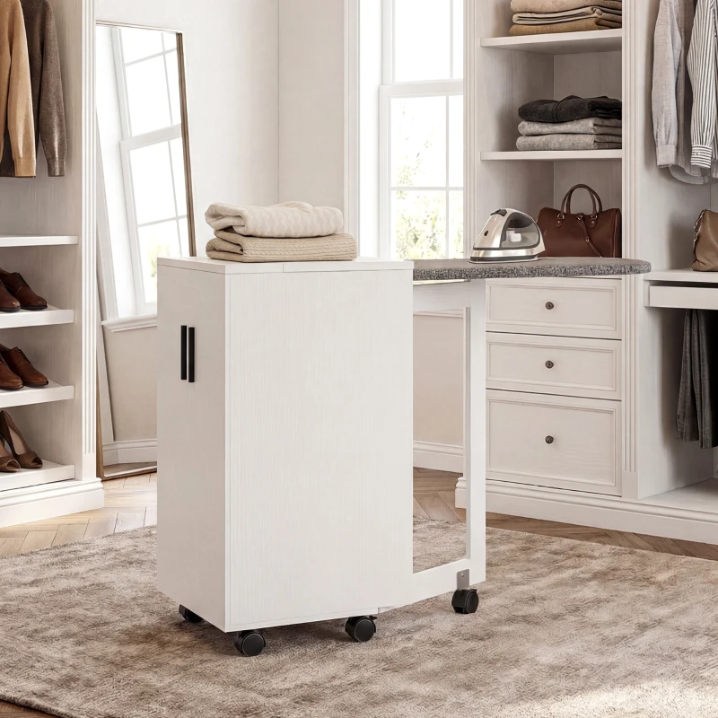 HOMCOM Meuble à repasser 2 en 1, table à repasser pliante sur roulettes avec étagère réglable et charnières, blanc