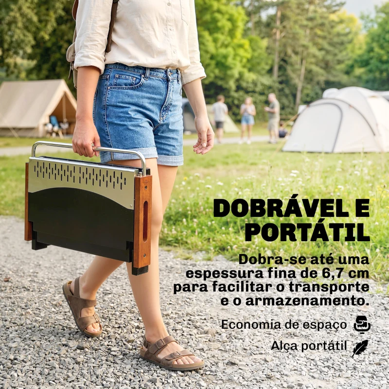 Outsunny Barbecue a Carvão Dobrável Portátil 50,5x34x33 cm com Bandeja de Carvão Removível para Camping, Piqueniques, Preto