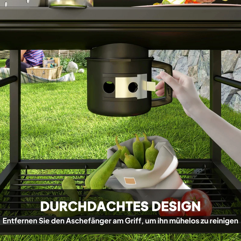 Outsunny Parrilla de carbón de acero BBQ Smoker con tapa asas termómetro ruedas móvil 114 x 65 x 95 cm