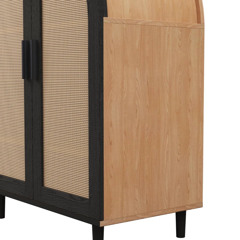Mobile per scarpe con esterno arrotondato, ante traforate in rattan e 3 ripiani, 70x40x100 cm, Color Legno e Nero