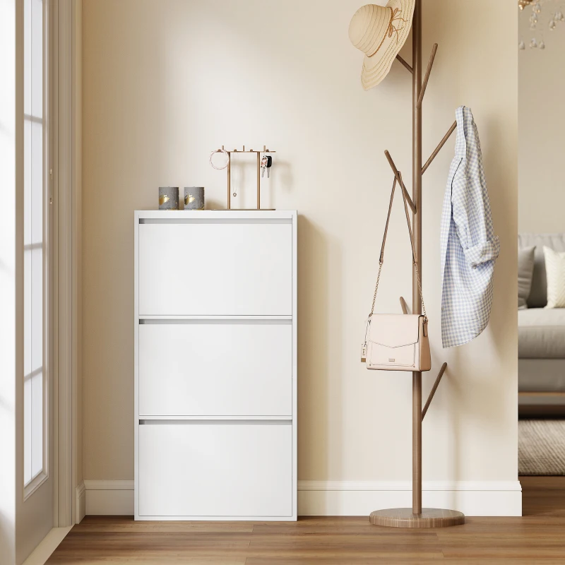 HOMCOM Metalen schoenenkast met 3 klapladen, slank ontwerp, wandmontage, voor 6 paar schoenen, wit