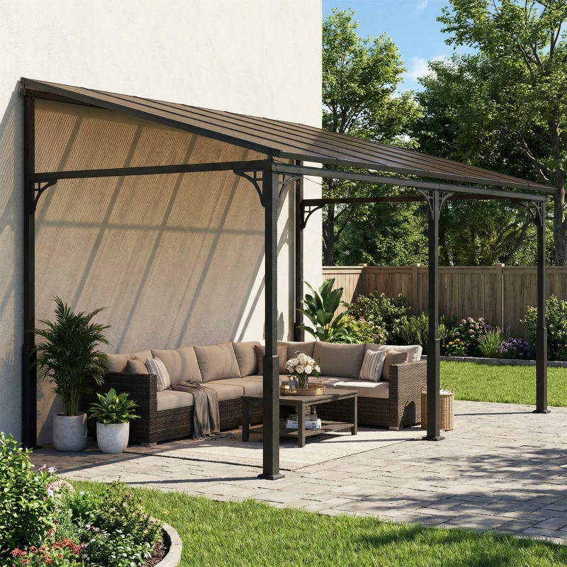 Outsunny Anbaupavillon 4 x 3m Terrassenüberdachung mit schrägen Polycarbonat-Dach Metall-Aluminium-Rahmen, Wandmontage