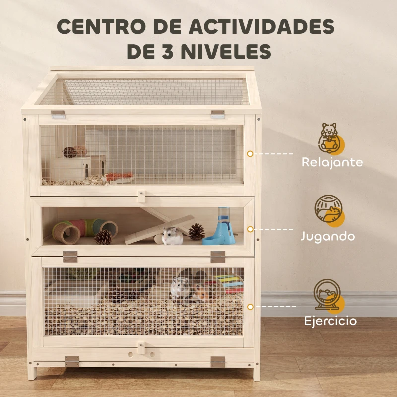 PawHut Jaula para Hámster de Madera de 3 Niveles con Bebederos Casetas Balancines Bandeja Extraíble y Tapas Abatibles Natural