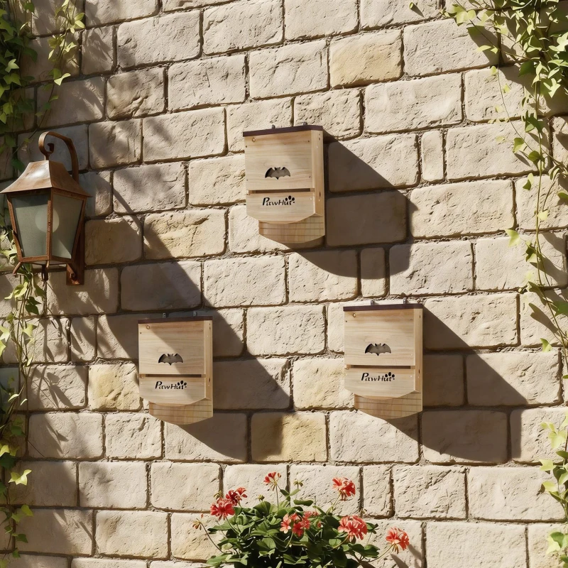 PawHut Lote de 3 Nichos para Murciélagos de Madera refugio para murciélagos con Plataforma Ranurada 23 x 9,5 x 36,5 cm madera natural