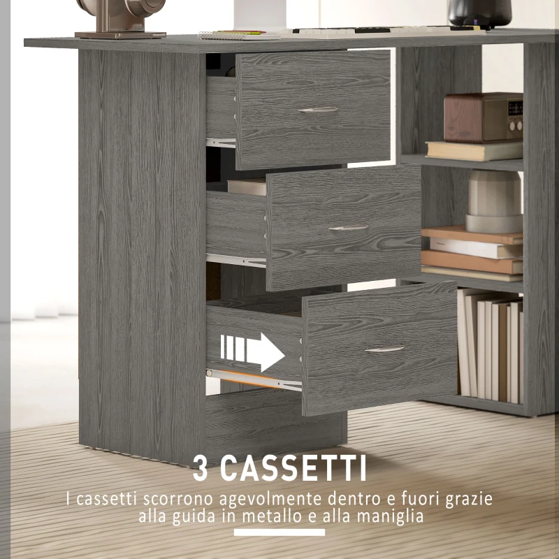 HOMCOM Scrivania Moderna con 3 Cassetti e 3 Ripiani per Camera e Ufficio, in Legno, 120x49x72 cm, Grigio