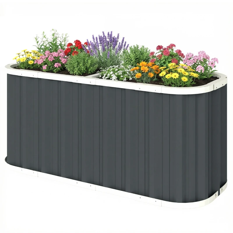 Outsunny Huerto elevado de metal 136 x 53 x 61 cm profundo, jardinera con bordes de protección, etiquetas para plantas, guantes, fondo abierto