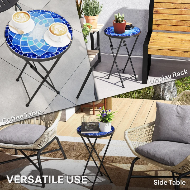 Outsunny Mosaic Outdoor Garden Table, 35.5cm Round Folding Coffee Table with Metal Frame for Balcony Terrace, Navy Blue