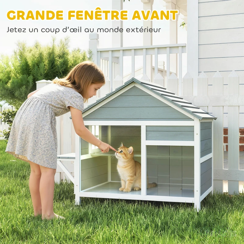 PawHut Maison pour Chat Extérieur Toit Ouvrant Fenêtre Panoramique Porte à Lamelles et Plateforme de Repos 101x72,5x81cm Gris