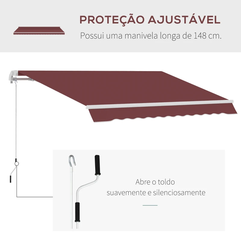 Outsunny Toldo Manual Retrátil 3,5x2,5 m com Ângulo Ajustável Manivela, Estrutura de Alumínio e Proteção UPF30+ Vinho Tinto