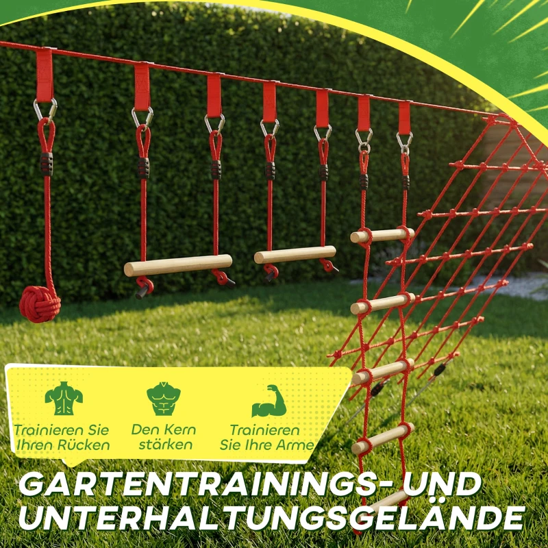 AIYAPLAY Ninja Line Kinderen 10m Slackline Set met turnringen schommel klimladder klimnet voor 3-6 jaar 1000x300x180 cm Rood