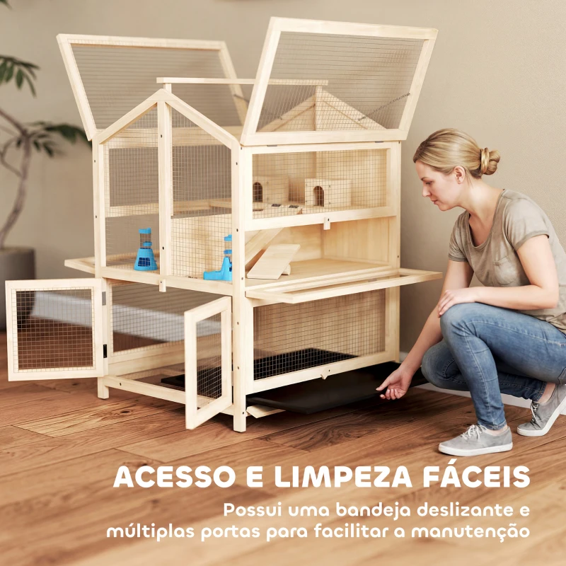 PawHut Gaiola para Hamster de Madeira de 3 Níveis com Bebedouros Casotas Baloiços Bandeja Amovível e Tampas Rebatíveis Natural