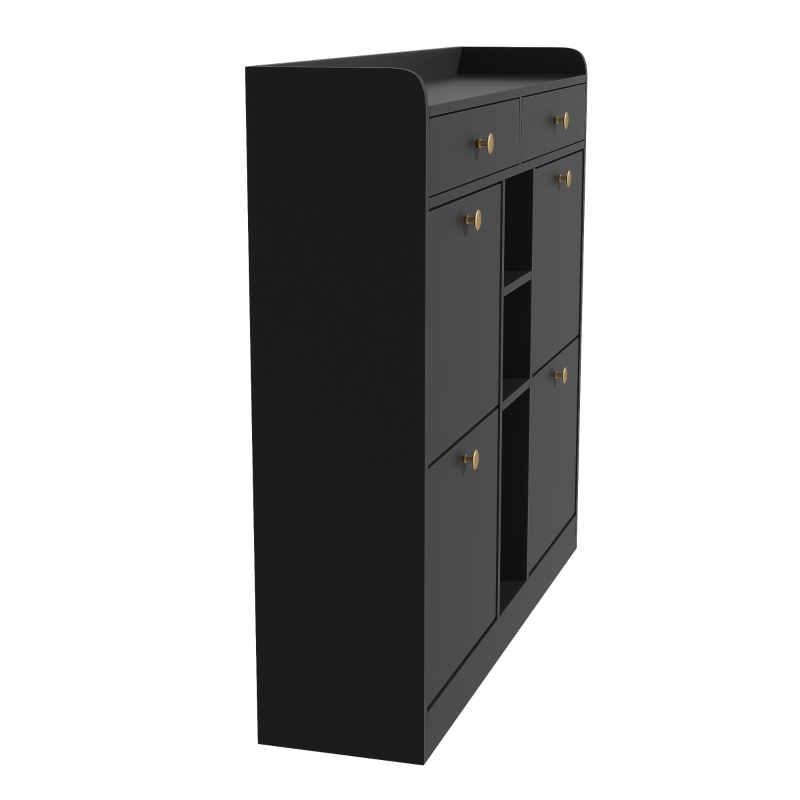 Mobile scarpiera con 4 ante a ribalta, 2 cassetti e 3 ripiani aperti, 110x26x100 cm, Nero