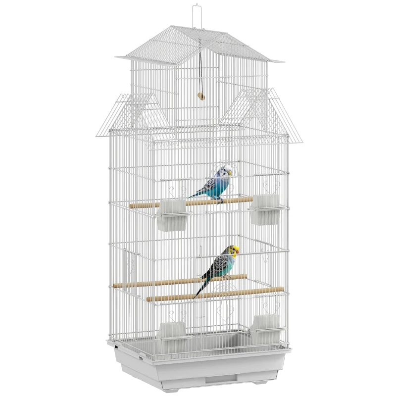 PawHut Cage pour Oiseaux en Acier avec Mangeoires Perchoirs Balançoire et Plateau Amovible 50,5x41x104 cm Blanc