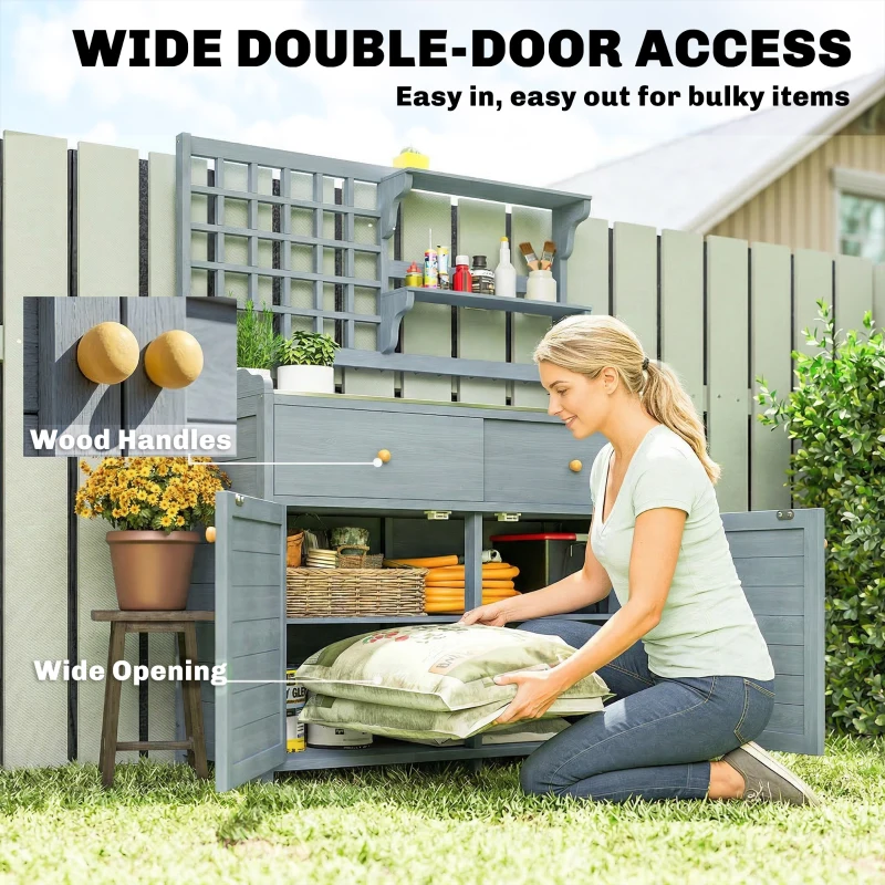 Outsunny Plantentafel met Kast Outdoor - Houten Tuinkast met Gegalvaniseerd Werkblad, 2 Lades, 104x44x140 cm, Lichtgrijs