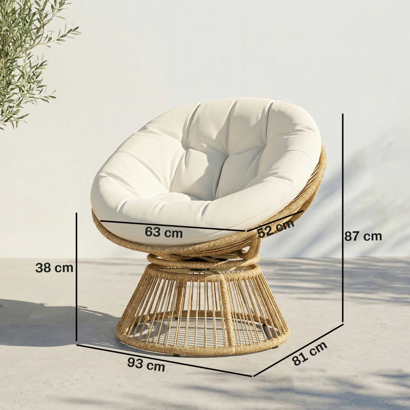 Outsunny Papasansessel 360° drehbar Korbsessel mit Kissen Stahlrahmen runder Rattansessel Loungesessel Cremeweiß