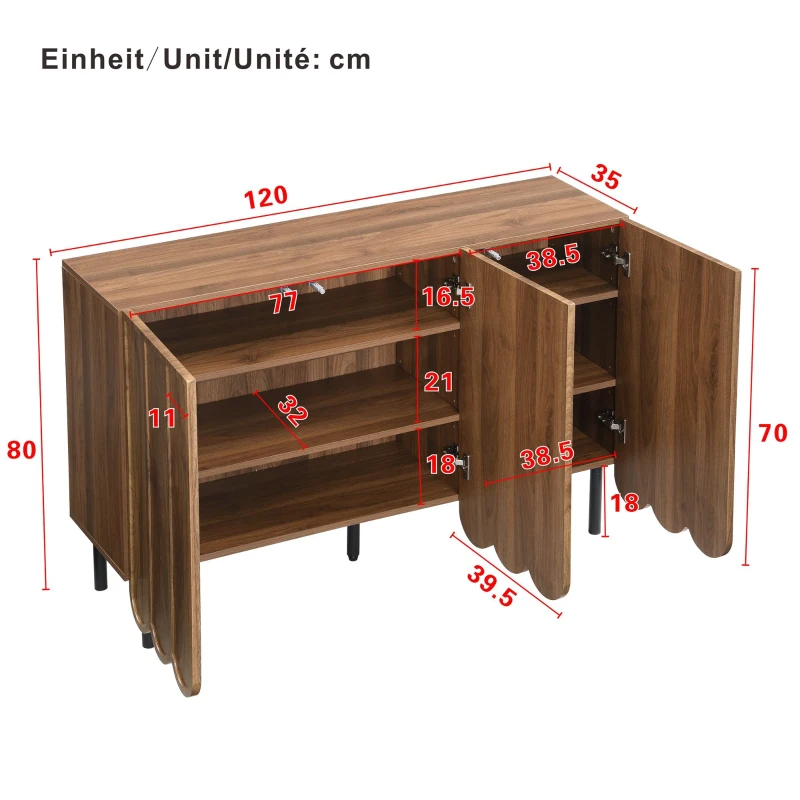 Credenza moderna con 9 ante ondulate, in MDF, 120x35x80 cm, Marrone