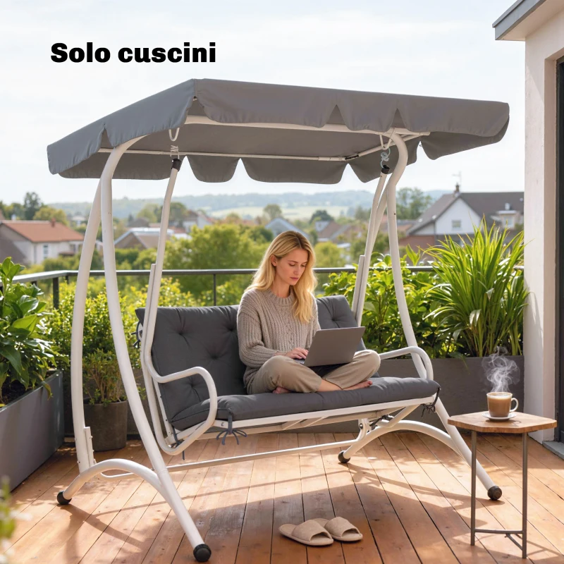 Outsunny Cuscino da Giardino in Stile Capitonné per 2 Persone con 6 Lacci, in Cotone e Poliestere, 150x98x8 cm, Grigio Scuro