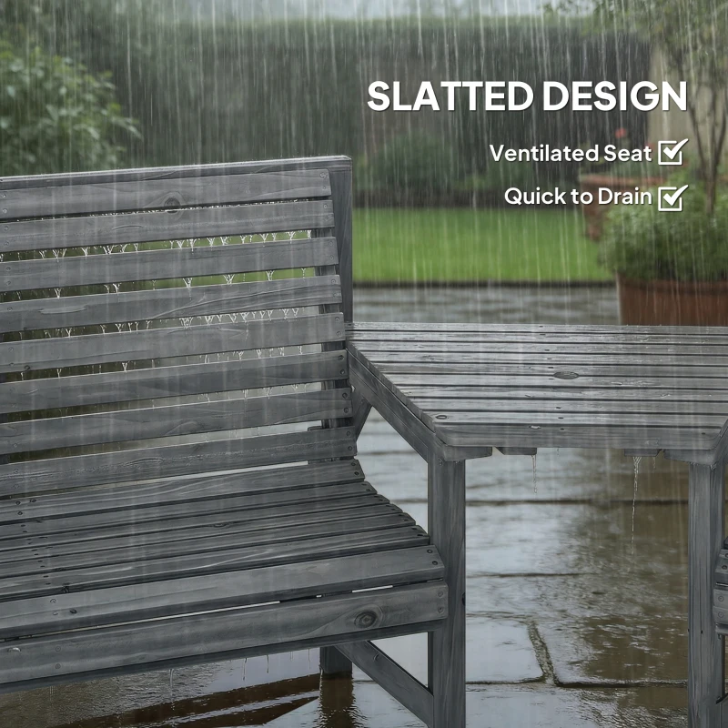 Outsunny Wooden Garden Furniture Set with Parasol Hole, 1 Chair, 1 Bench and Detachable Table, Grey Embossed Finish