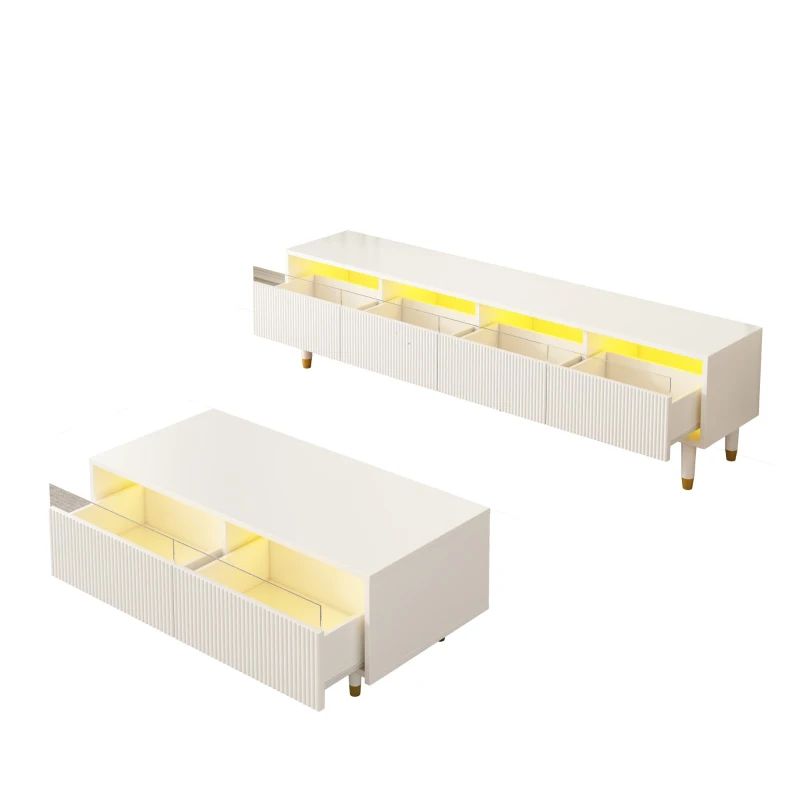 Set 2 mobili contenitore a LED con 4 ante e 2 cassetti, 178x35x45 e 110x50x40 cm, Bianco